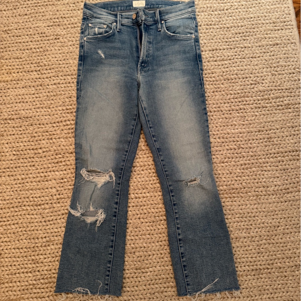 MOTHER Blue Distressed Straight Leg Jeans